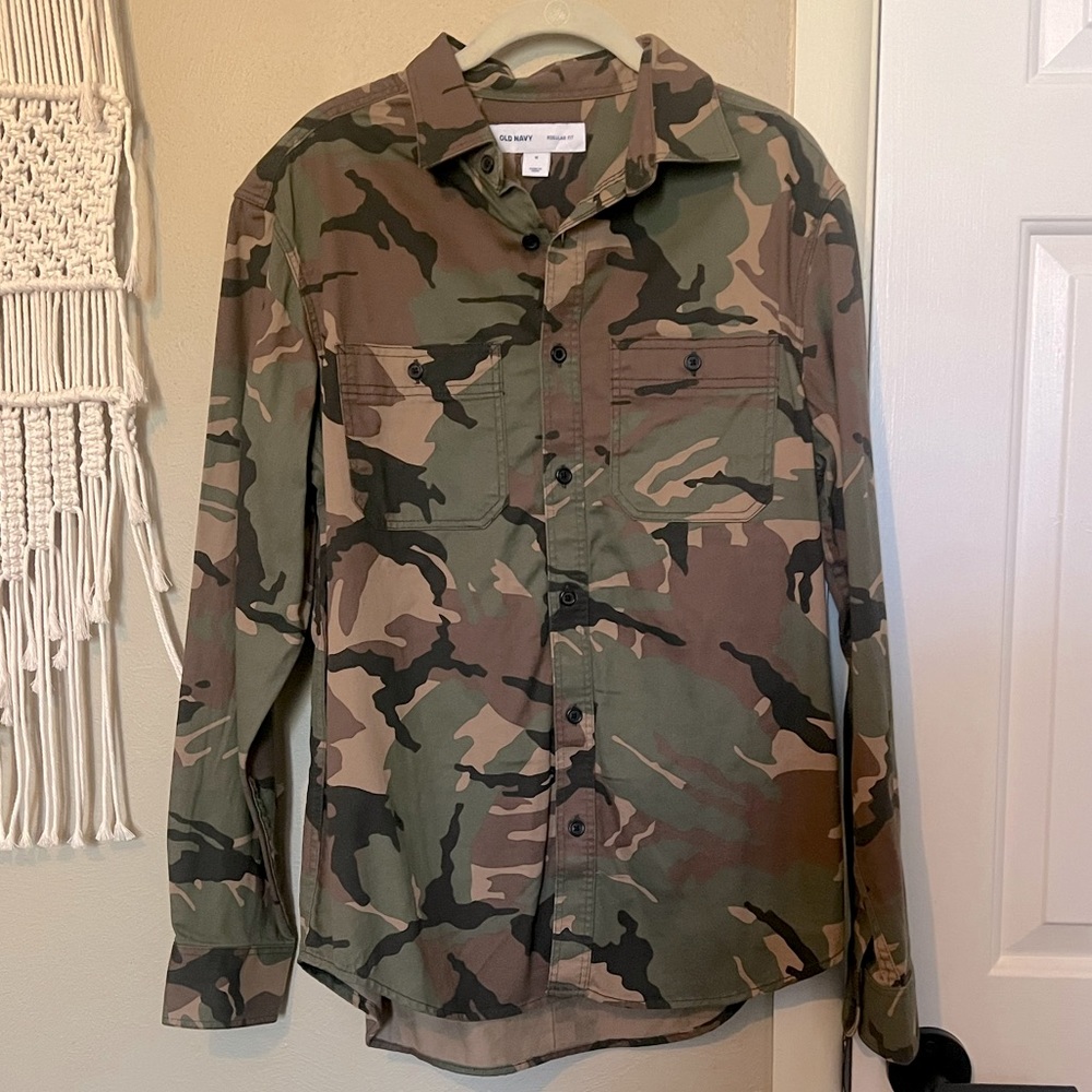 Men’s long sleeve, button-down, camouflage print shirt